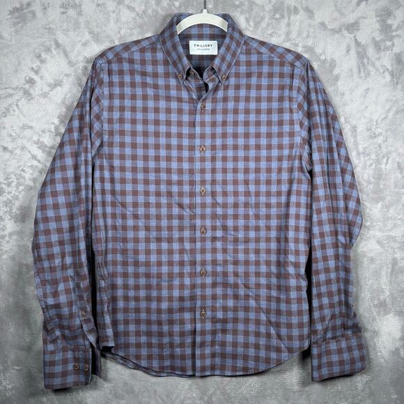 Twillory Untuckable Tailored Fit Shirt Brown Blue Check S-M Button Down Mens - Picture 1 of 7